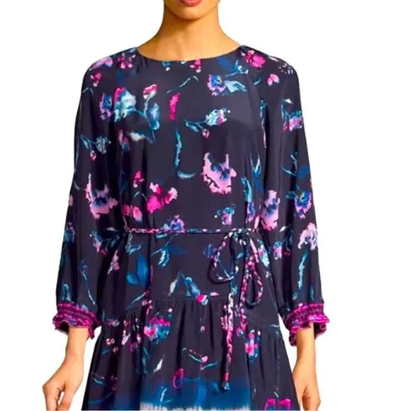 Tanya Taylor Amelia Silk Vibrant Pink and Blue Floral Dress